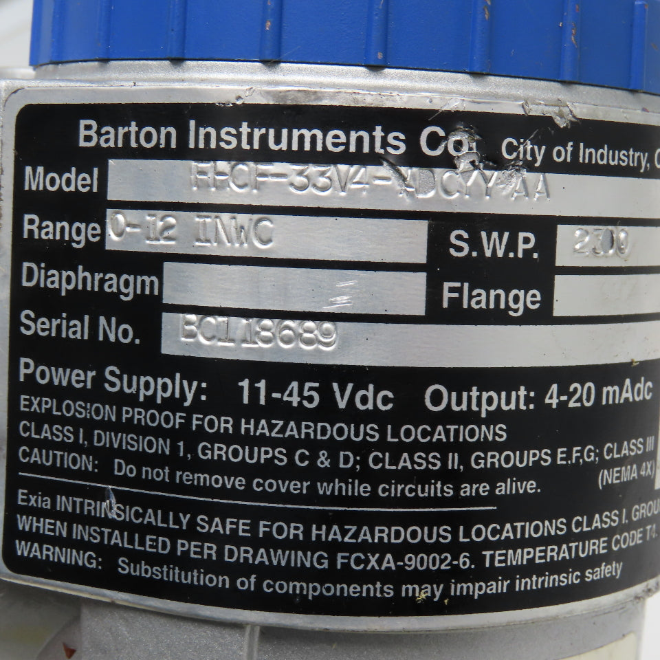Barton FHCF-33V4-ADCYY-AA 0-12 in/wc Flow Transmitter 1/4" NPT