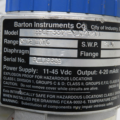 Barton FHCF-33V4-ADCYY-AA 0-12 in/wc Flow Transmitter 1/4" NPT