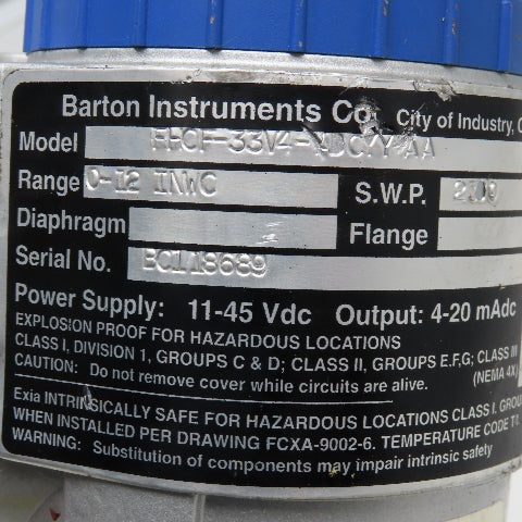 Barton FHCF-33V4-ADCYY-AA 0-12 in/wc Flow Transmitter 1/4" NPT