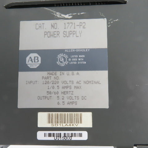 Allen Bradley 1771-P2 5.2V DC 6.5A Power Supply 120/220V AC Input (Very Clean)