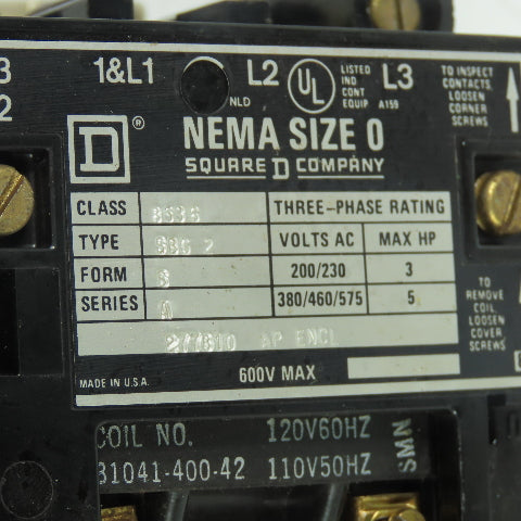 Square D 85366 SBG2 Nema Size 0 Motor Starter Contactor 600V 5HP 120V Coil