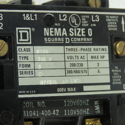 Square D 85366 SBG2 Nema Size 0 Motor Starter Contactor 600V 5HP 120V Coil