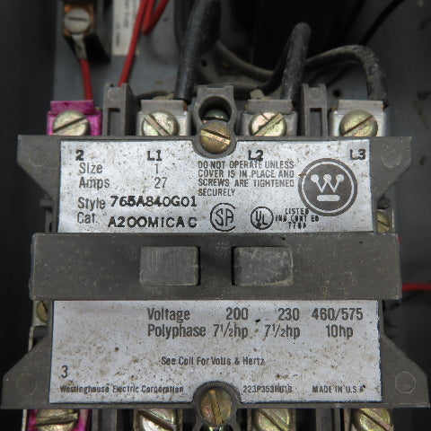 Westinghouse A204S1AAABLT Size 1 Fusible Combination Motor Starter 10HP 120V Coi
