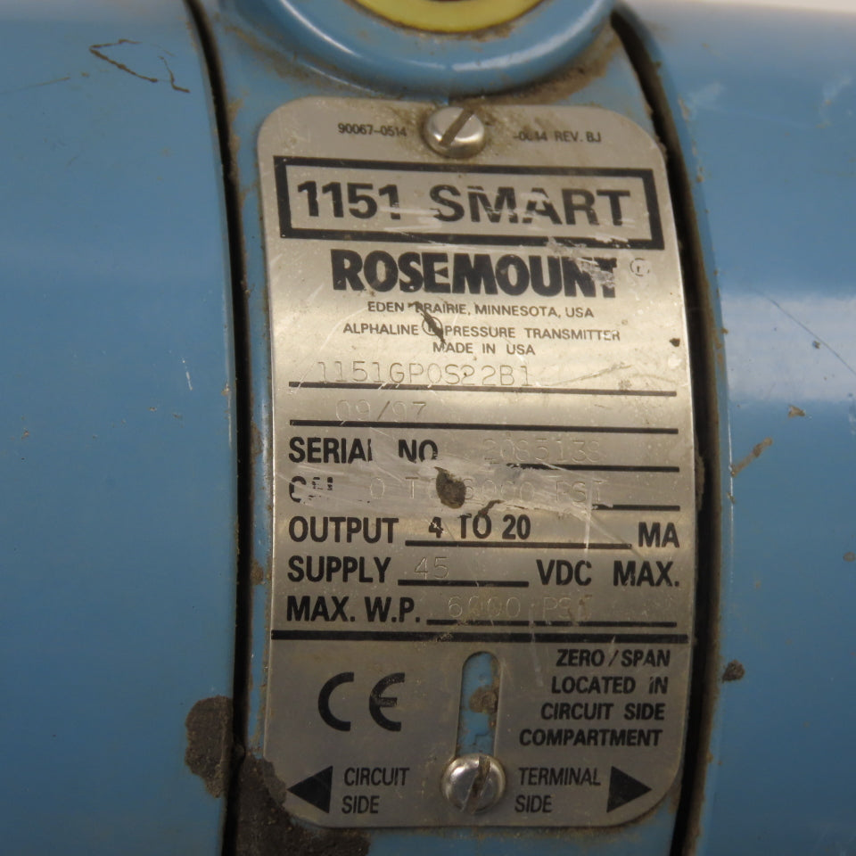 Rosemount 1151GP0S22B1 Pressure Transmitter 45VDC 6000PSI 4-20mA