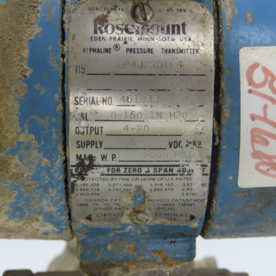 Rosemount 1DP4J22D1L4 Pressure Transmitter 45VDC 2000PSI 4-20mA
