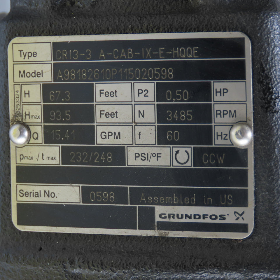 Grundfos CR13-3 A-CAB-IX-E-HQQE 0.5hp Multistage Centrifugal Pump 3Ph 15.41GPM