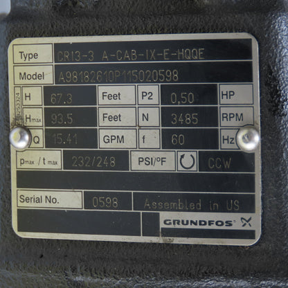 Grundfos CR13-3 A-CAB-IX-E-HQQE 0.5hp Multistage Centrifugal Pump 3Ph 15.41GPM