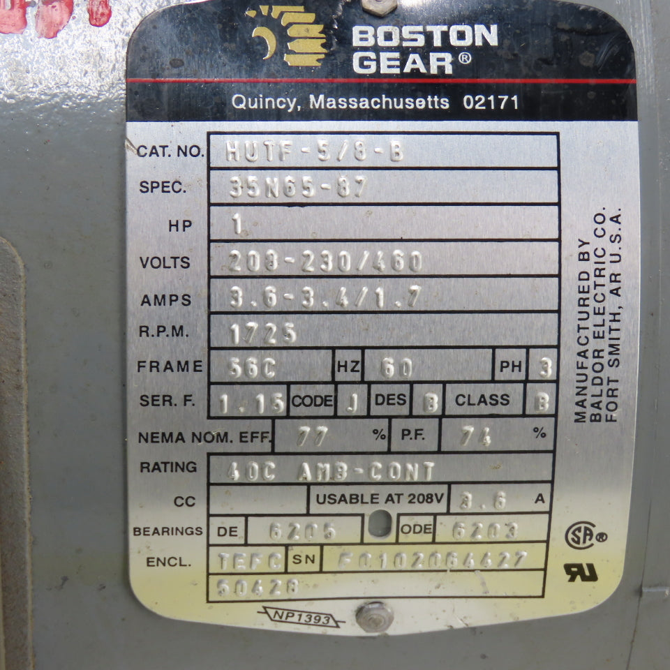 Boston Gear HUTF-5/8-B 1HP 3Ph Electric Motor 230460V 56C Frame 1775RPM