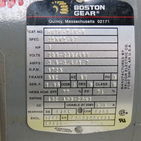 Boston Gear HUTF-5/8-B 1HP 3Ph Electric Motor 230460V 56C Frame 1775RPM