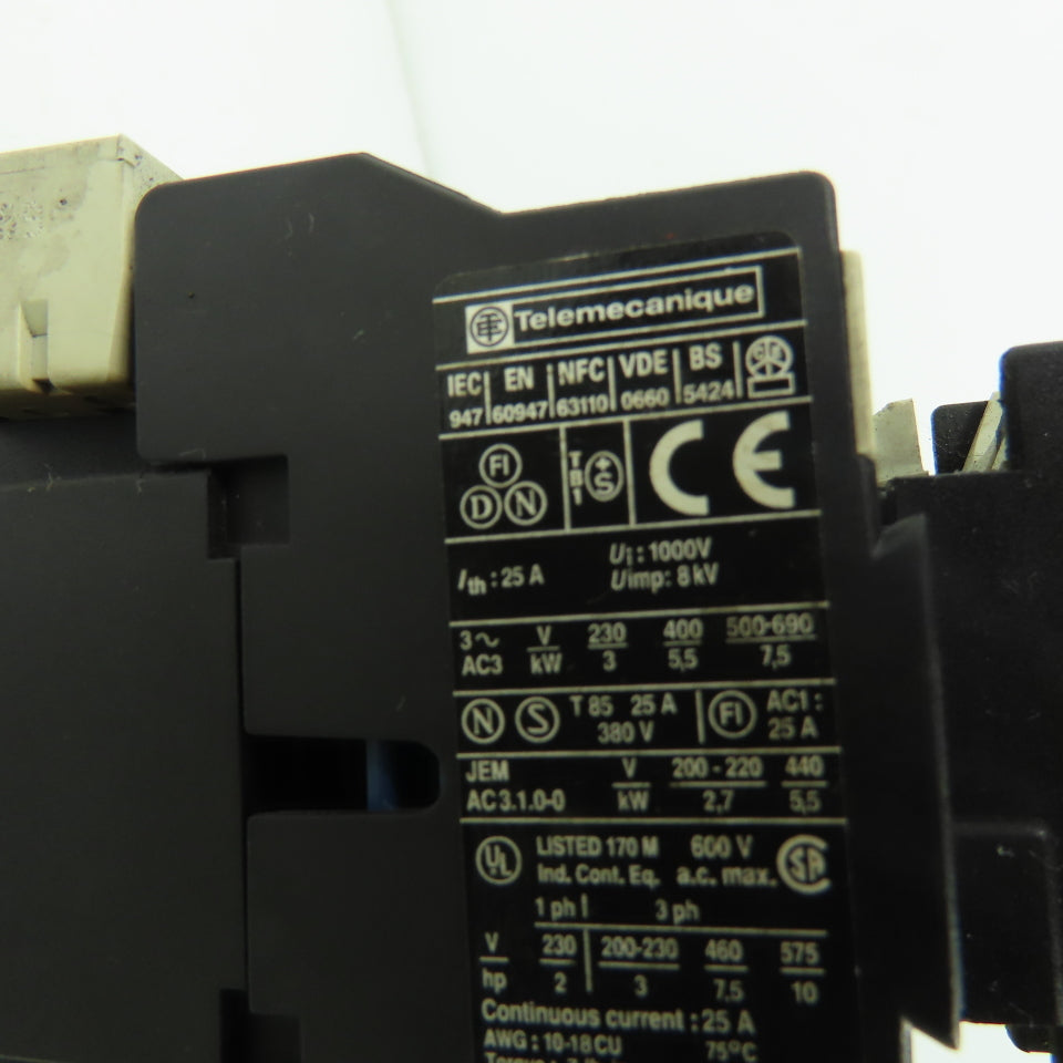 Telemecanique LP1 D1210 25A 600VAC Contactor 24VDC Coil W/ LAD11