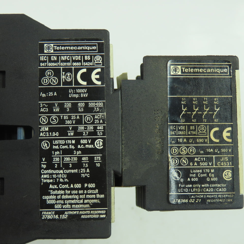 Telemecanique LP1 D1201 25A 600VAC Contactor 24VDC Coil W/ LA1 DN04