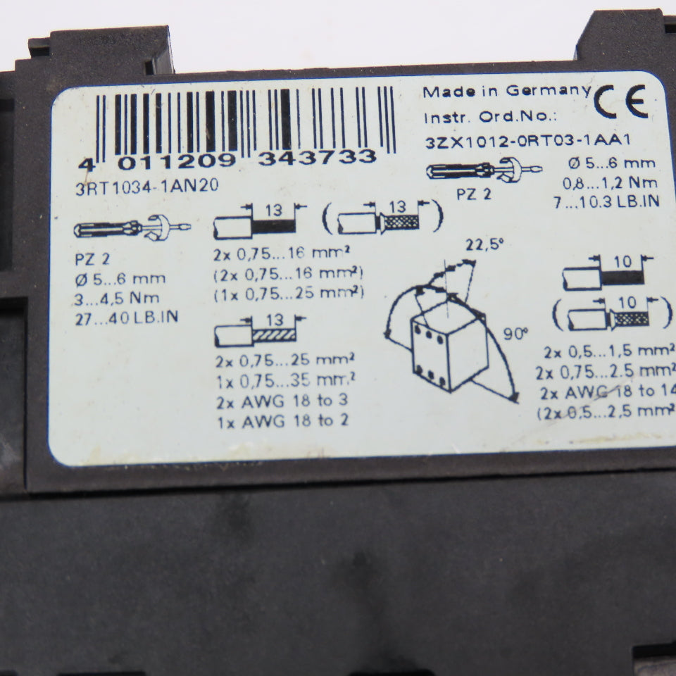 Siemens 3RT1034-1AN20 Contactor 600V 45A 30Hp Max 220V Coil