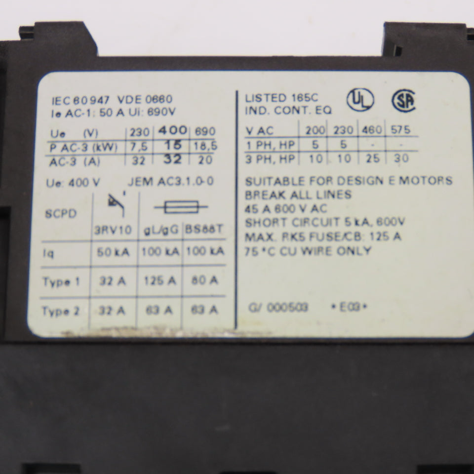 Siemens 3RT1034-1AN20 Contactor 600V 45A 30Hp Max 220V Coil