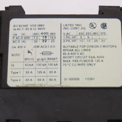 Siemens 3RT1034-1AN20 Contactor 600V 45A 30Hp Max 220V Coil