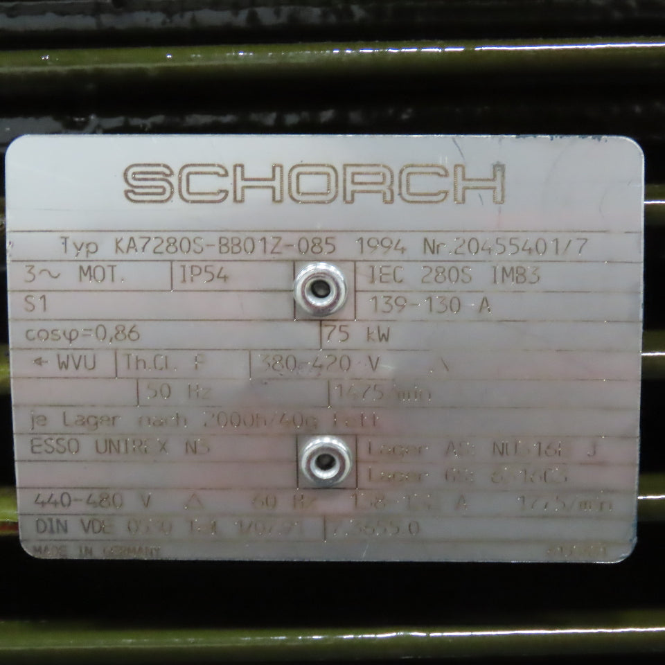 Schorch KA7280S-BB01Z-085 75kW 1475RPM 440/480V 50/60Hz AC Motor Tested