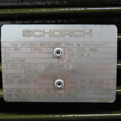 Schorch KA7280S-BB01Z-085 75kW 1475RPM 440/480V 50/60Hz AC Motor Tested
