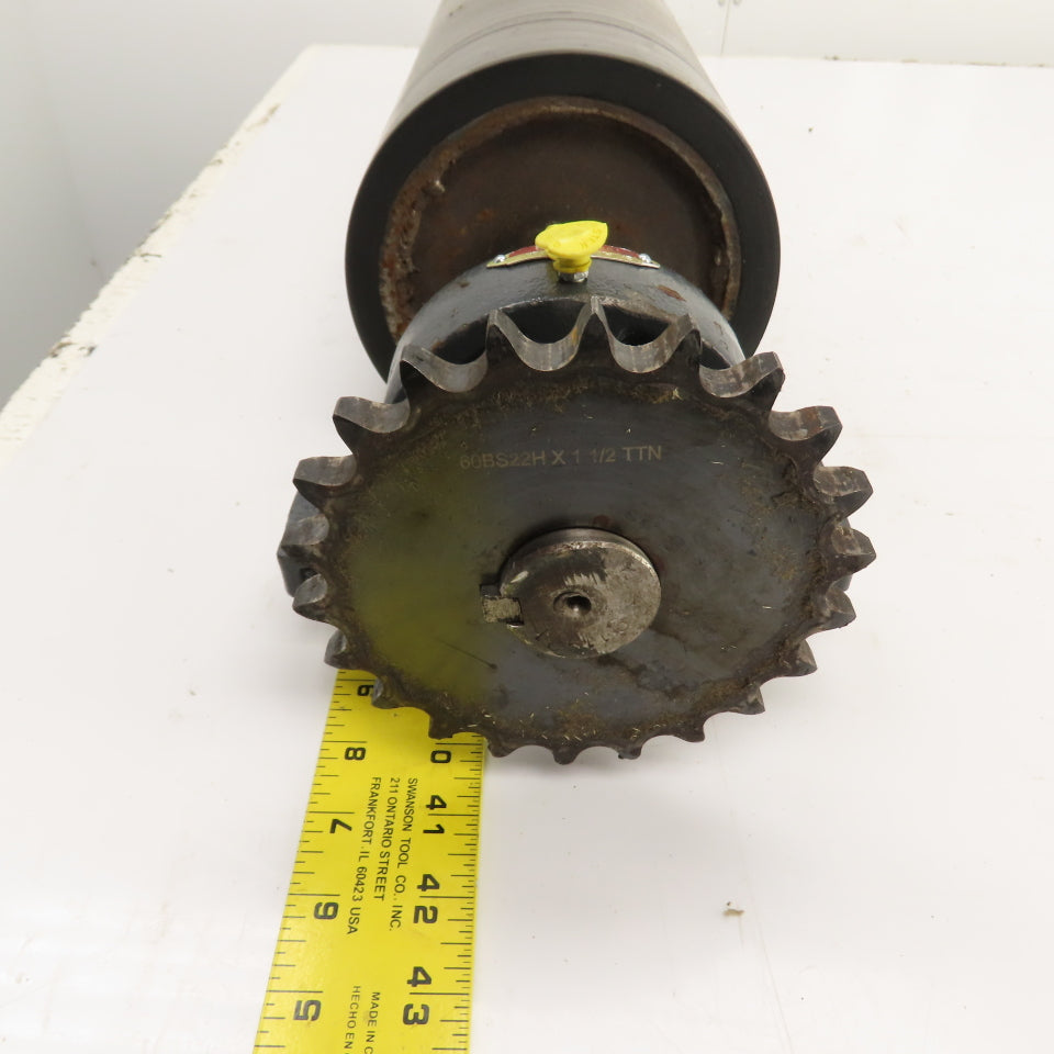 7" OD x 18" Rubber Faced Conveyor Tail Drum Roller W/ Pillow Blocks & Sprocket