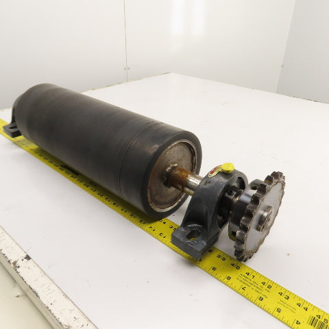 7" OD x 18" Rubber Faced Conveyor Tail Drum Roller W/ Pillow Blocks & Sprocket