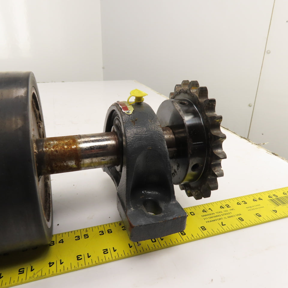 7" OD x 18" Rubber Faced Conveyor Tail Drum Roller W/ Pillow Blocks & Sprocket