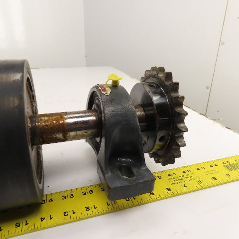7" OD x 18" Rubber Faced Conveyor Tail Drum Roller W/ Pillow Blocks & Sprocket