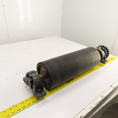 7" OD x 18" Rubber Faced Conveyor Tail Drum Roller W/ Pillow Blocks & Sprocket