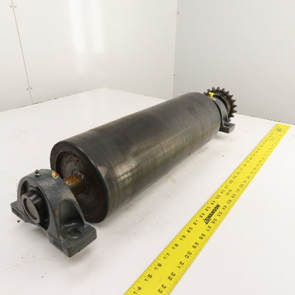 7" OD x 18" Rubber Faced Conveyor Tail Drum Roller W/ Pillow Blocks & Sprocket