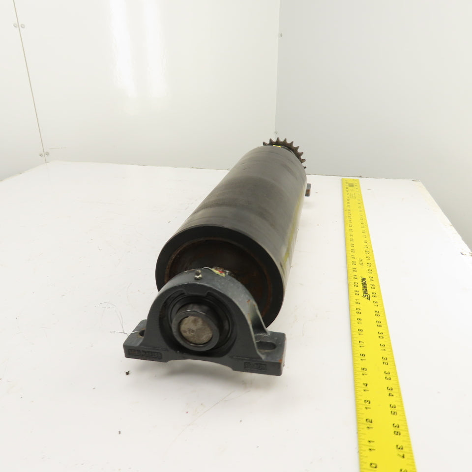 7" OD x 18" Rubber Faced Conveyor Tail Drum Roller W/ Pillow Blocks & Sprocket