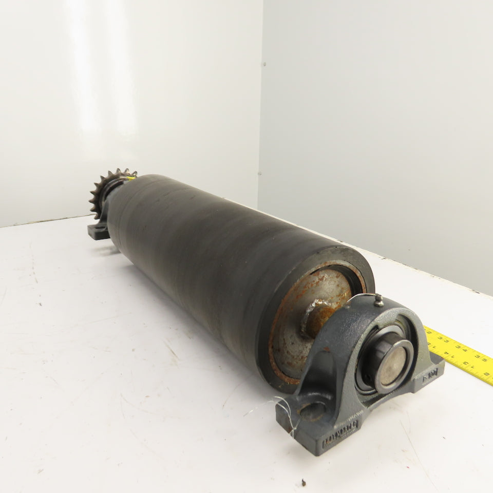 7" OD x 18" Rubber Faced Conveyor Tail Drum Roller W/ Pillow Blocks & Sprocket