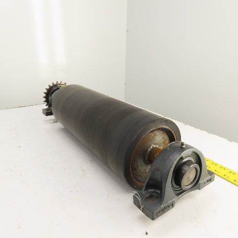 7" OD x 18" Rubber Faced Conveyor Tail Drum Roller W/ Pillow Blocks & Sprocket