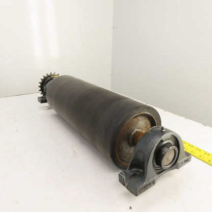 7" OD x 18" Rubber Faced Conveyor Tail Drum Roller W/ Pillow Blocks & Sprocket
