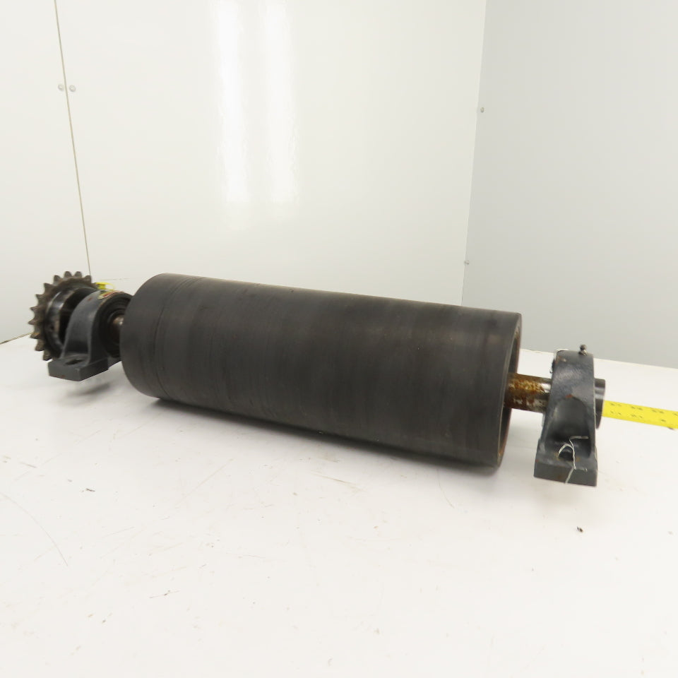 7" OD x 18" Rubber Faced Conveyor Tail Drum Roller W/ Pillow Blocks & Sprocket