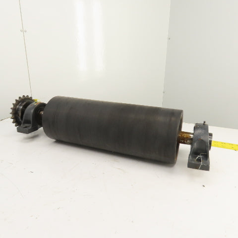 7" OD x 18" Rubber Faced Conveyor Tail Drum Roller W/ Pillow Blocks & Sprocket