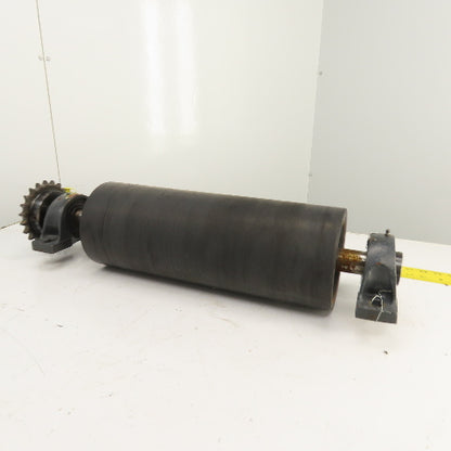 7" OD x 18" Rubber Faced Conveyor Tail Drum Roller W/ Pillow Blocks & Sprocket