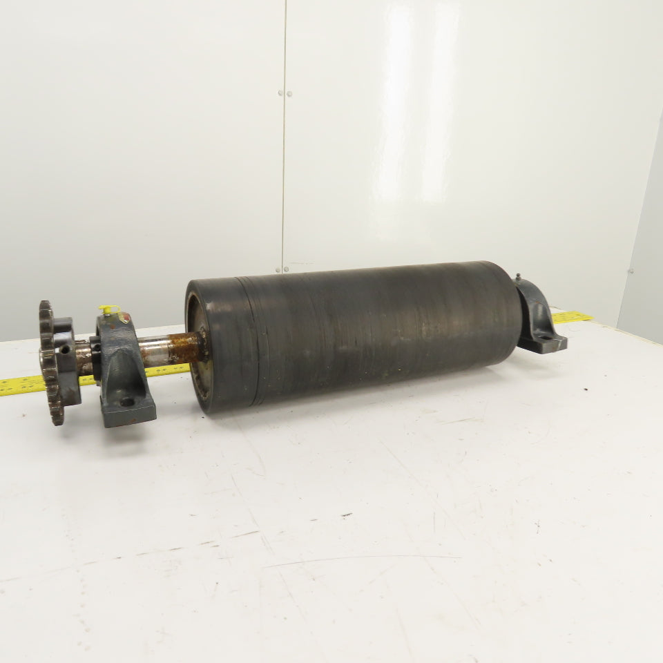 7" OD x 18" Rubber Faced Conveyor Tail Drum Roller W/ Pillow Blocks & Sprocket