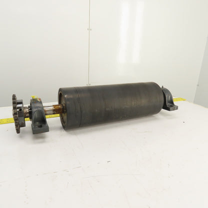 7" OD x 18" Rubber Faced Conveyor Tail Drum Roller W/ Pillow Blocks & Sprocket