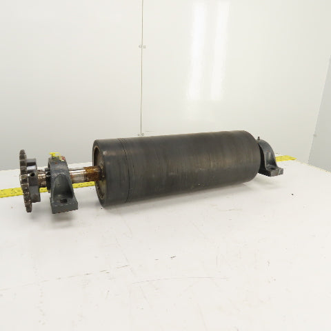 7" OD x 18" Rubber Faced Conveyor Tail Drum Roller W/ Pillow Blocks & Sprocket