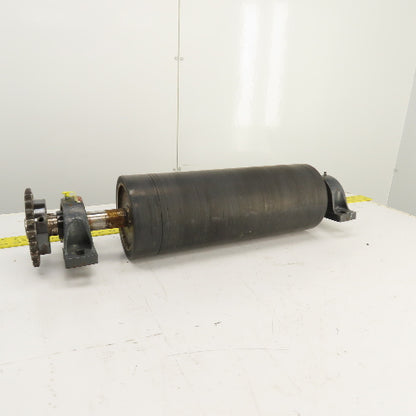 7" OD x 18" Rubber Faced Conveyor Tail Drum Roller W/ Pillow Blocks & Sprocket