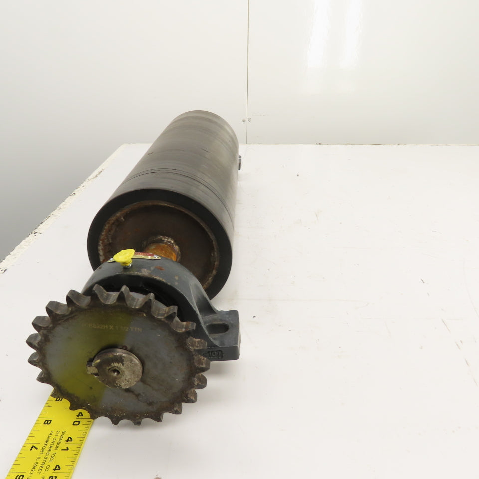7" OD x 18" Rubber Faced Conveyor Tail Drum Roller W/ Pillow Blocks & Sprocket