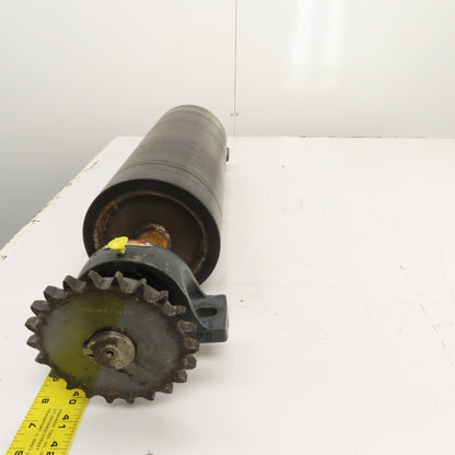 7" OD x 18" Rubber Faced Conveyor Tail Drum Roller W/ Pillow Blocks & Sprocket