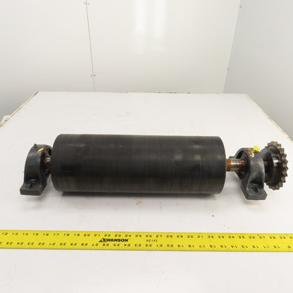7" OD x 18" Rubber Faced Conveyor Tail Drum Roller W/ Pillow Blocks & Sprocket