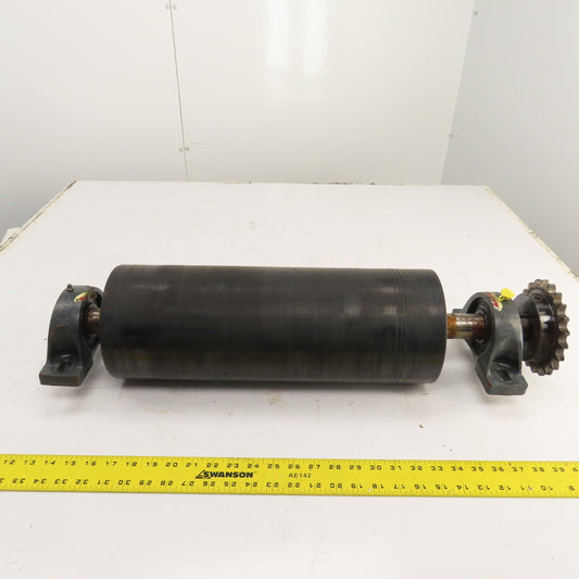 7" OD x 18" Rubber Faced Conveyor Tail Drum Roller W/ Pillow Blocks & Sprocket