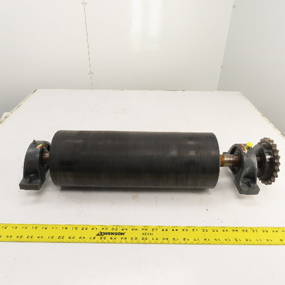 7" OD x 18" Rubber Faced Conveyor Tail Drum Roller W/ Pillow Blocks & Sprocket
