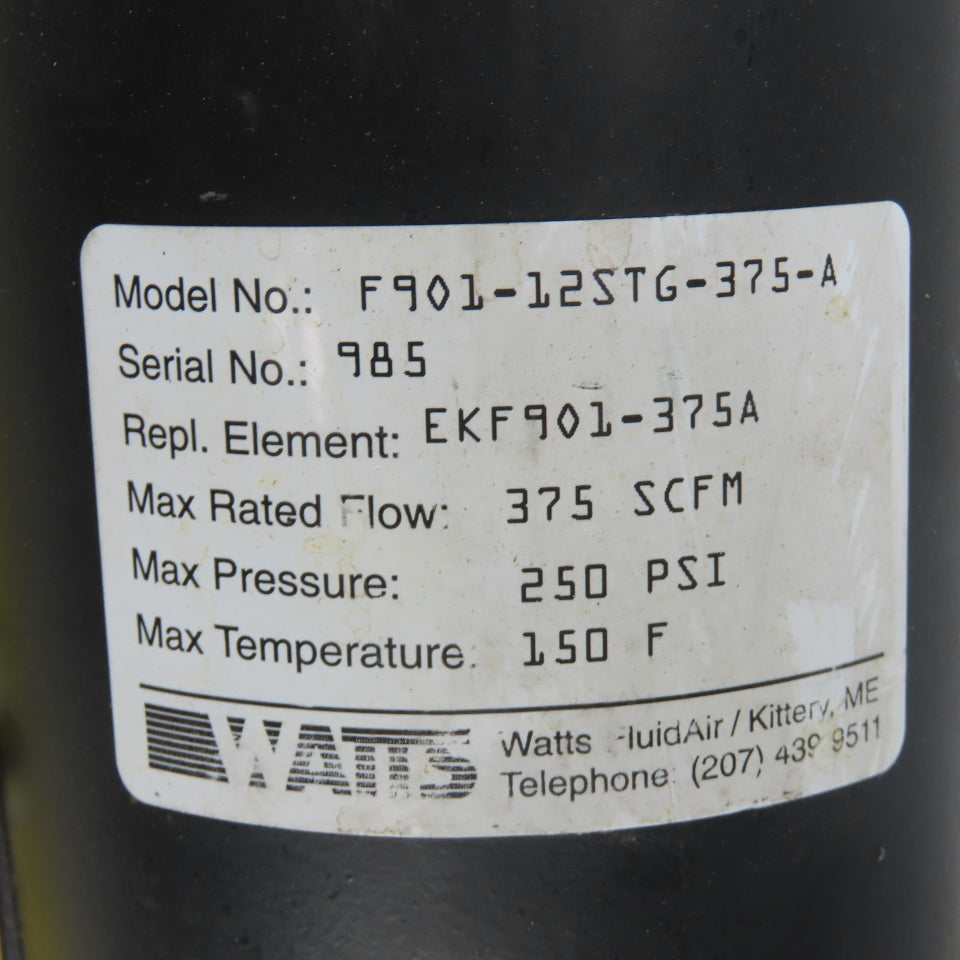 Watts FluidAir F901-12STG-375A Pneumatic Filter 375SCFM 250PSI 150°F Max Temp