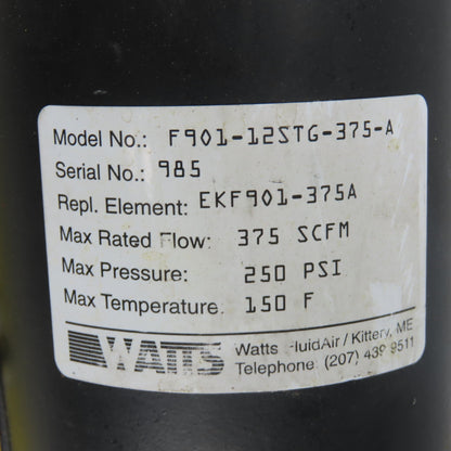 Watts FluidAir F901-12STG-375A Pneumatic Filter 375SCFM 250PSI 150°F Max Temp