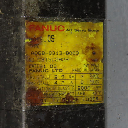 Fanuc A06B-0313-B003 AC Servo Motor 2000RPM 3-Phase 8-Pole W/ Encoder