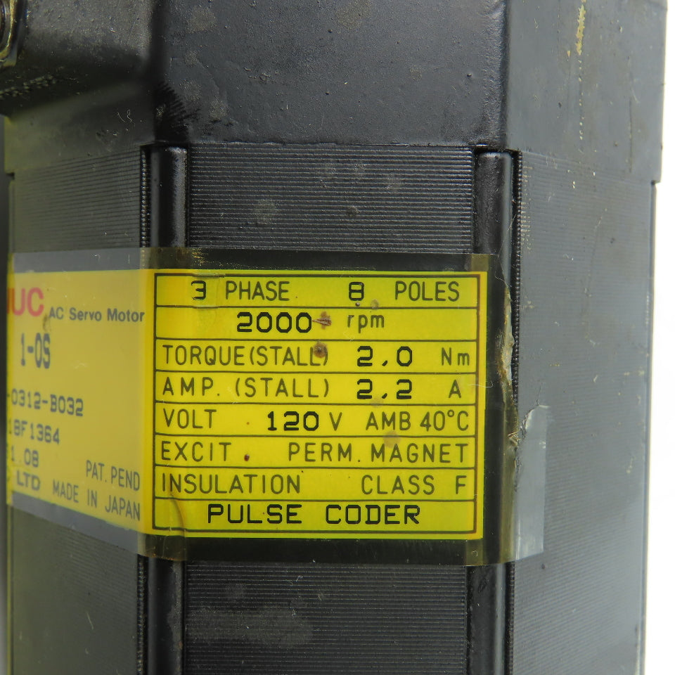 Fanuc A06B-0312-B032 AC Servo Motor 3Ph 120V 2.0Nm W/ Pulse Coder A290-0521-V552