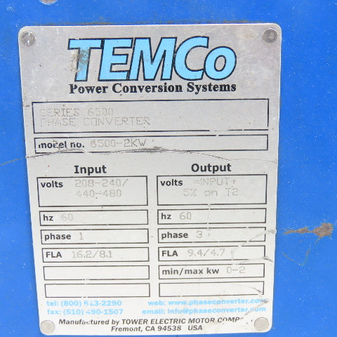 Temco 6500-2KW Phase Converter Input: 240/480V 1Ph Output: 3Ph Input +5% On T2