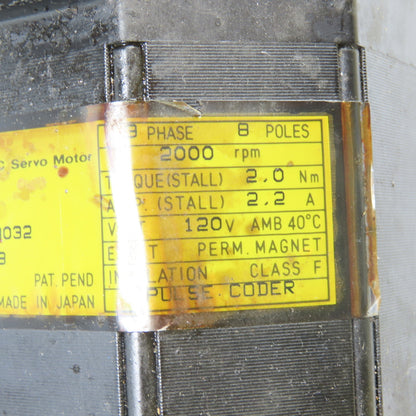 Fanuc A06B-0312-B032 AC Servo Motor 3Ph 120V 2.0Nm W/ Pulse Coder A290-0521-V552