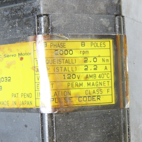 Fanuc A06B-0312-B032 AC Servo Motor 3Ph 120V 2.0Nm W/ Pulse Coder A290-0521-V552