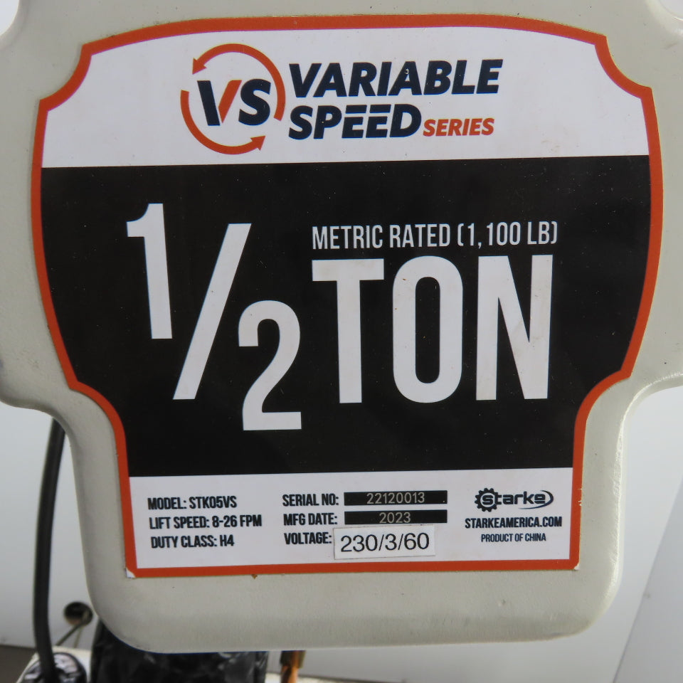 Starke STK05VS 1/2 Ton Electric Chain Hoist 20' Lift 8-26FPM Variable 230V 3PH